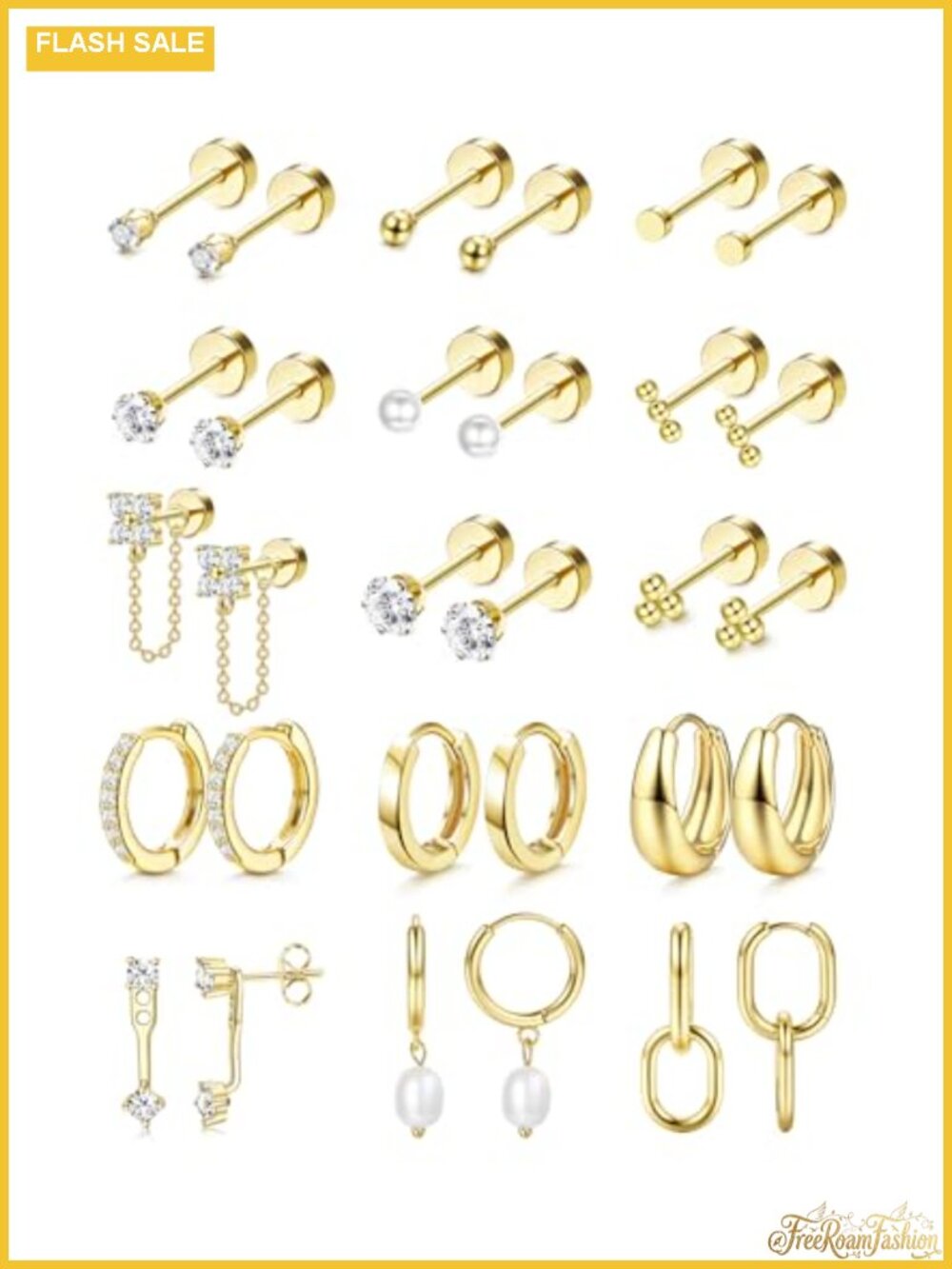 Hypoallergenic Surgical Steel Flat Back Earrings Set for Sensitive Ears 14K